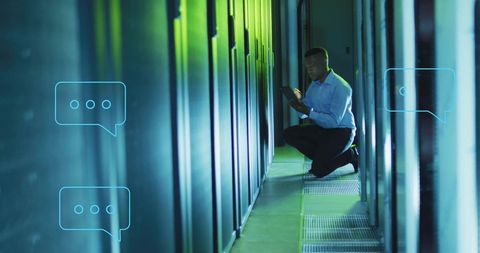 Technician Engaging with AI in Modern Data Center