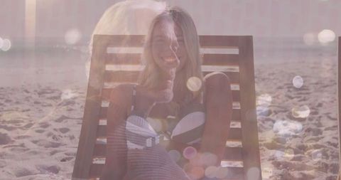 Relaxed Woman at Beach with Sunlit Reflection Background