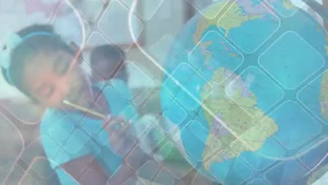 Young Student Exploring Globe in Classroom Geometric Overlay