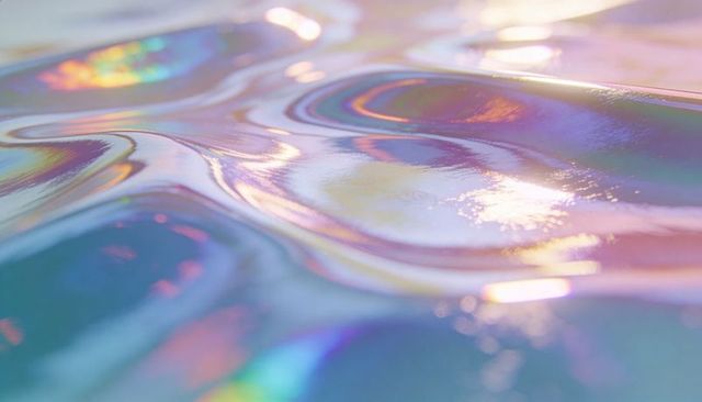 Iridescent holographic waves shimmering on glossy liquid surface pastel rainbow highlights