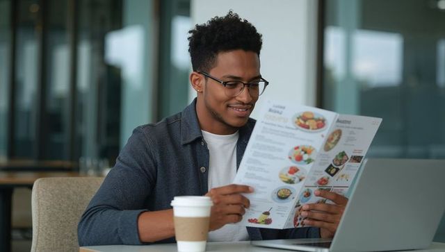 Young professional reading menu in modern cafe coworking space with laptop and coffee