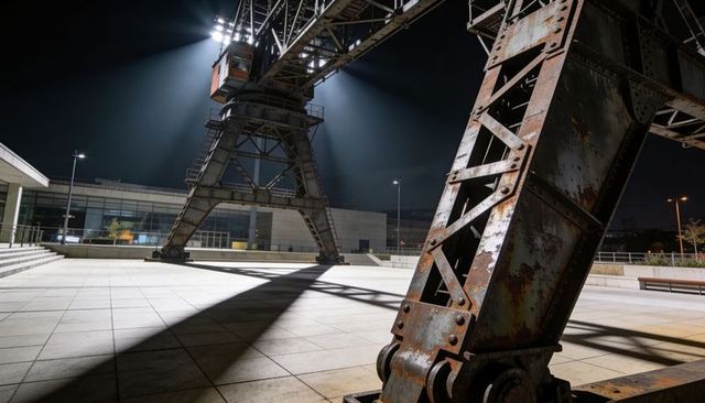 Rusted gantry crane towering over urban plaza at night with dramatic floodlights