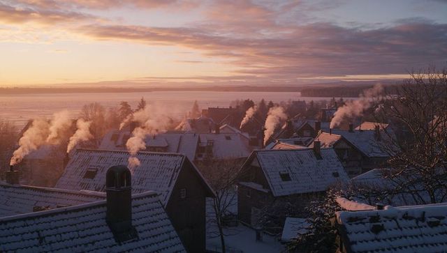 Coastal winter village sunrise with snow-covered rooftops, chimney smoke, frozen sea