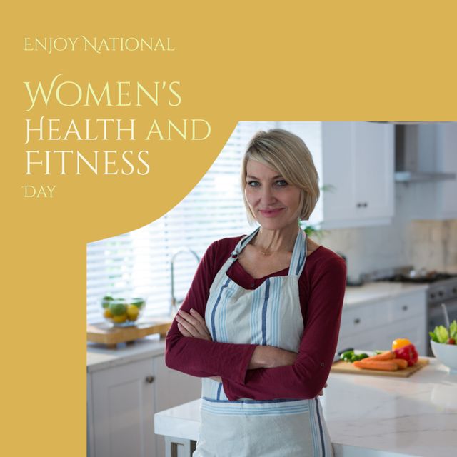 Portrait of confident mature caucasian woman in kitchen, national women's health and fitness day. Copy space, digital composite, support, healthcare, awareness and celebration concept.
