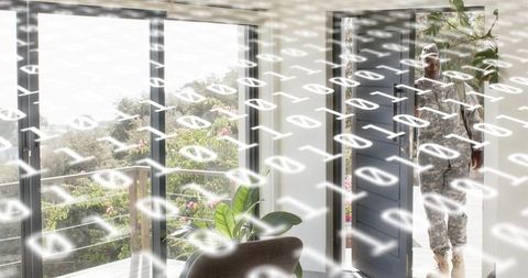 Soldier returning through open doorway with floating binary code, smart home cybersecurity