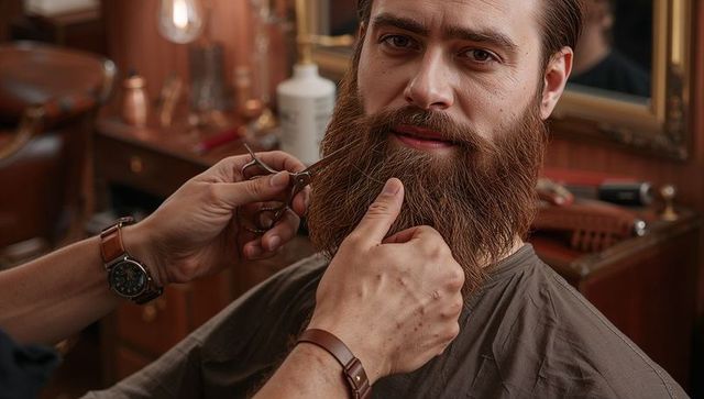 Barber trimming full beard in vintage wood barbershop with mirror reflection