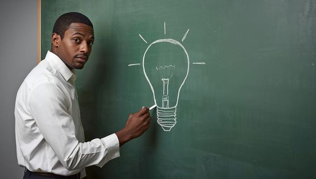 Male teacher brainstorming ideas with chalkboard light bulb sketch