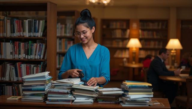 Librarian scanning returns at circulation desk with stacked books in cozy wooden library