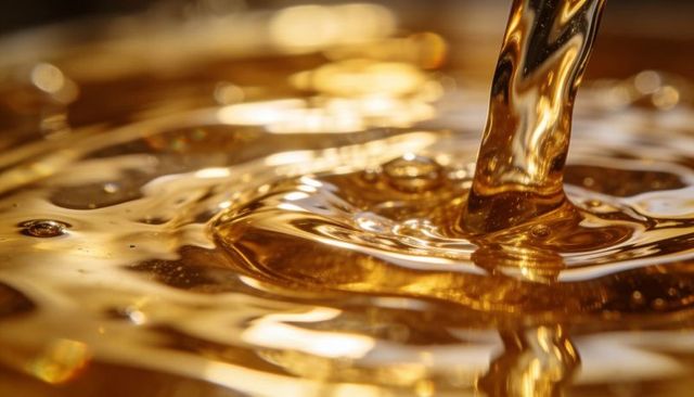 Pouring amber liquid creating golden ripples and viscous reflections with bokeh