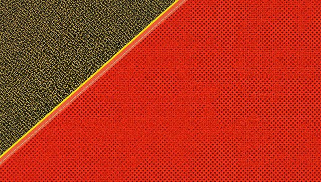 Diagonal aerial farmland pattern with red-orange field, dotted planting and yellow track