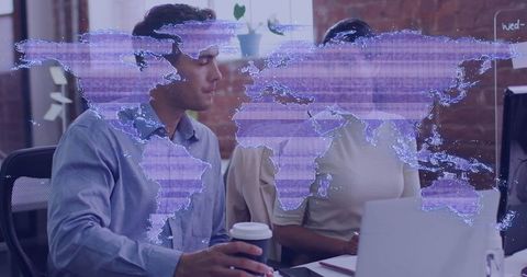 Office teamwork with digital world map hologram overlay