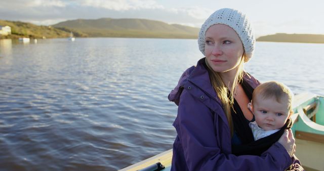 Mother and Baby Enjoying Boat Ride on Calm Lake - Download Free Stock Images Pikwizard.com