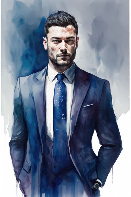Stylish man in a suit exuding confidence. Ideal for corporate websites, executive profiles, business presentations, and advertisements. The watercolor background adds a touch of creativity, making it suitable for artistic and professional settings.