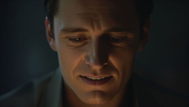 Contemplative man gazing downward with warm lamp glow, intimate closeup portrait