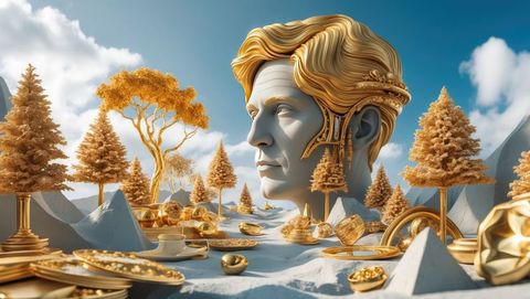 Surreal head sculpture with golden accoutrements in minimalist landscape, millionaire lifestyle