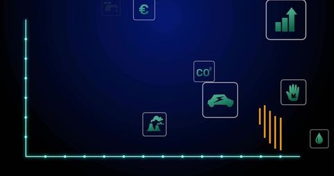 Glowing teal axis displaying sustainability dashboard with CO2, electric car, energy icons