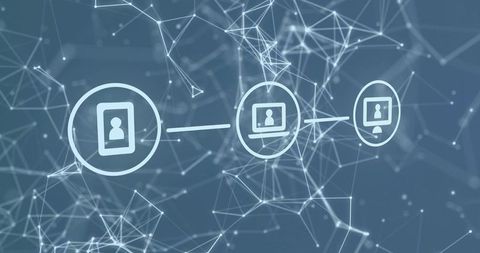 Devices connecting over neon network mesh with user icons and wireframe nodes