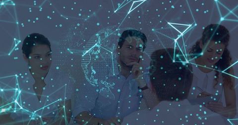 High-tech team meeting with holographic network design