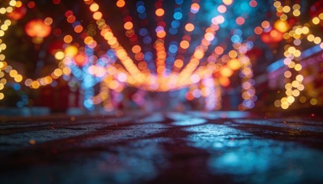 Wet cobblestone street reflecting colorful lanterns and string lights, glowing night bokeh