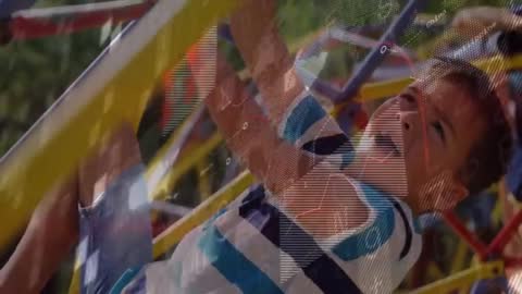 Child Joyfully Climbing Playground Frame with Digital Overlay