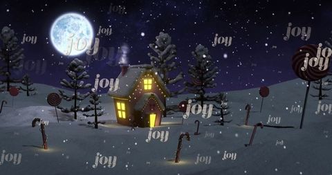 Enchanting snow-covered cottage with candy canes under full moon