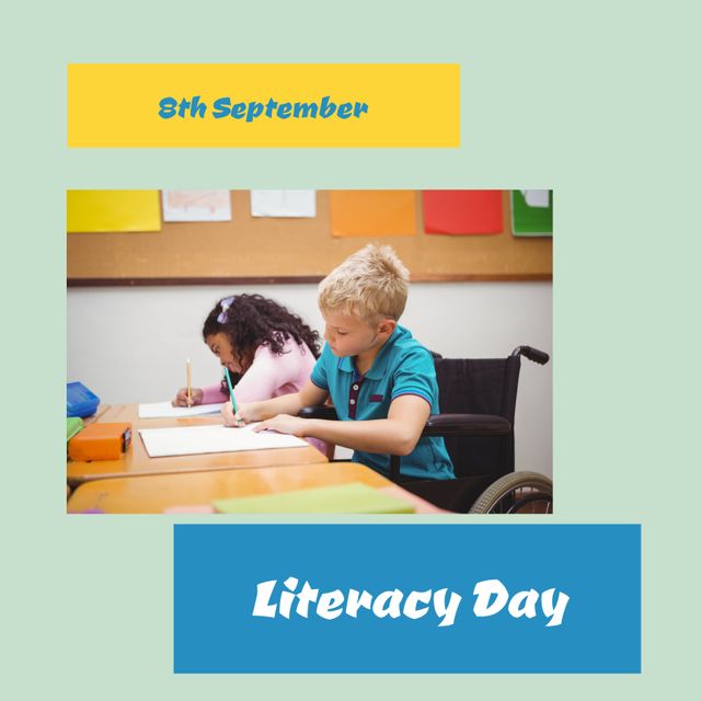 Caucasian boy and african american girl studying in classroom with 8th september literacy day text. Digital composite, copy space, knowledge, reading, writing, learning and awareness concept