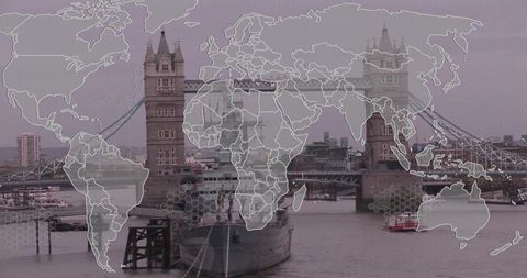 Historic tower bridge with global map illustration overlay