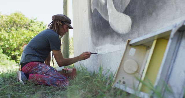 Artist Creating Mural Outdoors With Paintbrush on Wall - Download Free Stock Images Pikwizard.com