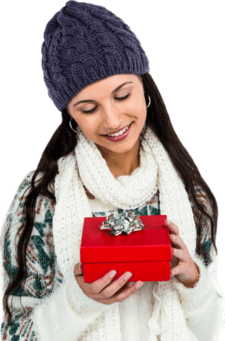 Smiling Woman Holding Red Gift Box on Transparent Background