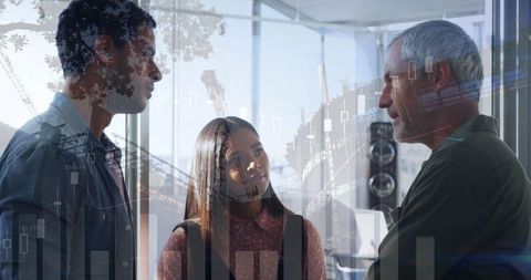 Business Meeting with Financial Data and Cityscape Overlay