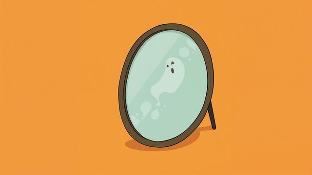 Vintage Round Mirror Reflecting Ghost on Orange Background
