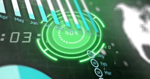 Futuristic neon HUD dashboard showing 404 radar rings and cyan bar chart analytics