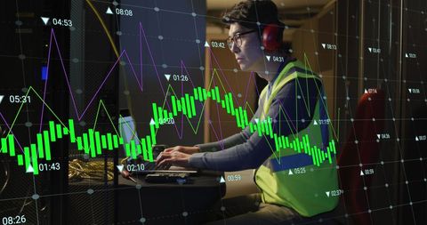 Data Analysis in Server Room with Digital Interface Overlay