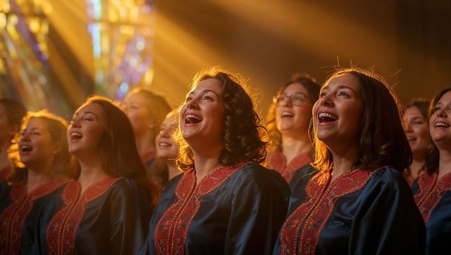 Choir singing under golden stained-glass light wearing ornate blue and red robes