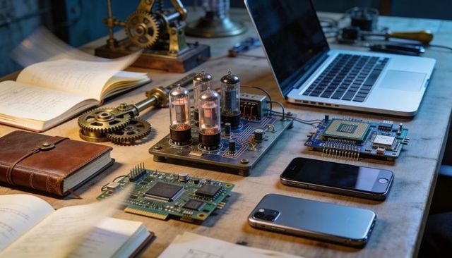Glowing vacuum tubes and modern pcbs on wooden workbench for diy electronics prototyping