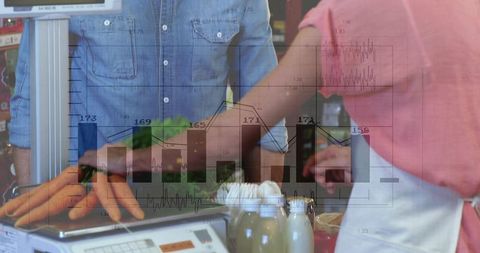 Grocery checkout weighing produce with cashier and customer, retail analytics overlay