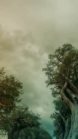 Vertical video tilting up through gnarled tree trunks toward overcast sky, ample copy space