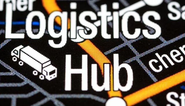 Logistics hub marker showing freight truck icon on digital map with orange routes