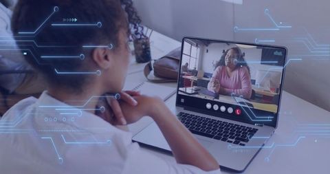 Remote video coaching session between coworkers using laptop with digital ui overlay