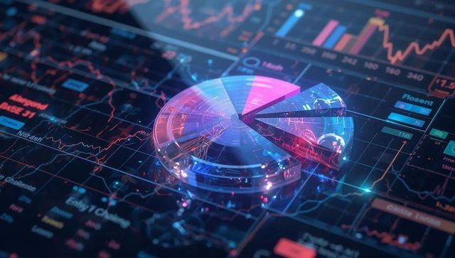 Displaying holographic glasslike 3d pie chart extracting slice on neon financial dashboard