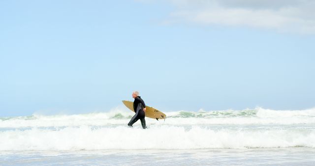 Senior Surfer Walking Into Ocean Waves with Surfboard - Download Free Stock Images Pikwizard.com