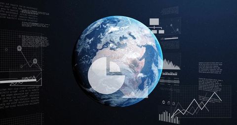 Global Data Visualization Featuring Earth with Analytics Overlays and Dashboard Widgets