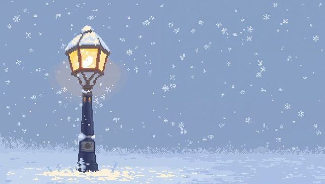 Glowing lantern illuminating silent snowfield on pixelated winter night