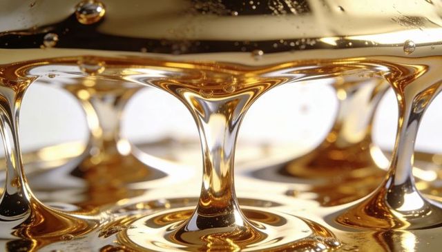 Glossy golden liquid forming pillars and arched bridges macro abstract reflection