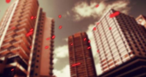 Moody skyscrapers with futuristic red glowing particles