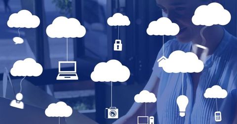Digital Cloud Interface with Icons and Businesswoman Utilizing Laptop - Download Free Stock Images Pikwizard.com