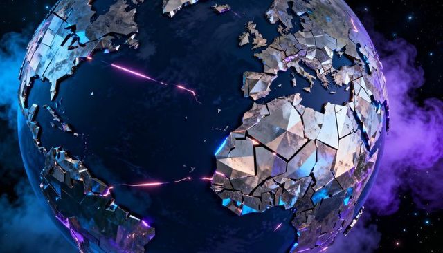 Fracturing metallic earth with neon fissures and floating geo-plates in cosmic nebula