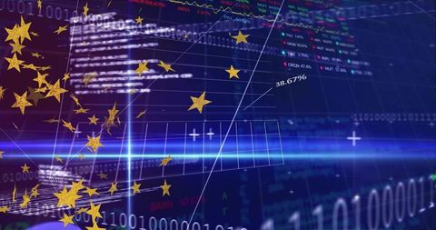 Floating Golden Stars Crossing Futuristic Financial Dashboard with Binary Code and Neon Blue Glow