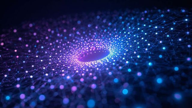 Spiraling Digital Vortex of Glowing Nodes and Connected Network Mesh in Neon Blue Purple