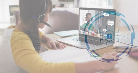 Child Learning Online with Headset and Laptop, Remote Classroom, Digital Security Overlay